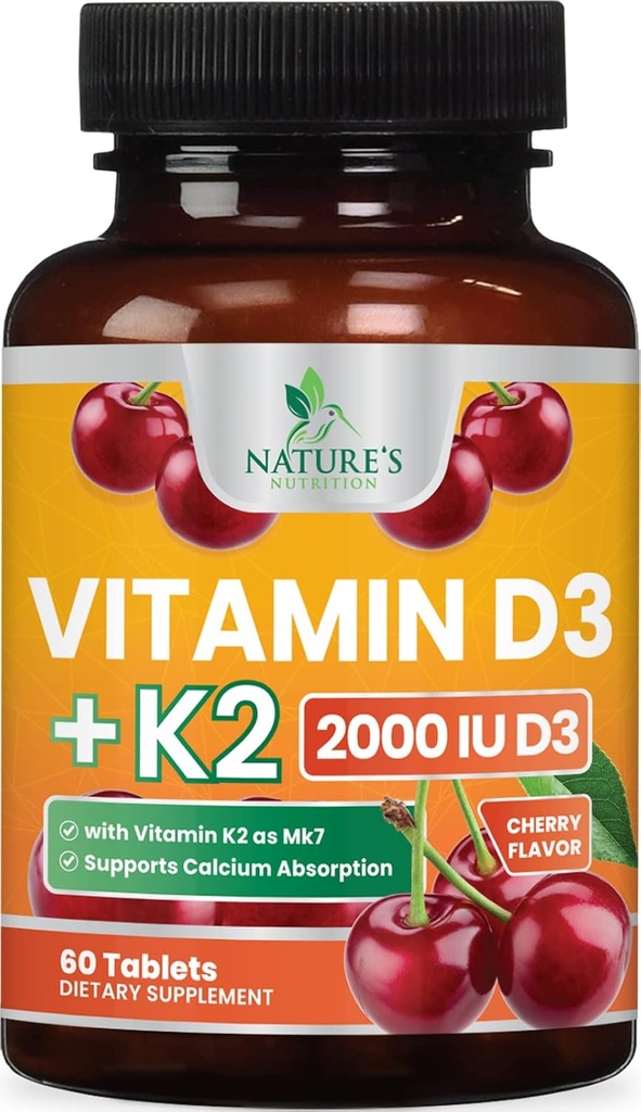 D3- vitamin K2 2000 IE Plus med K2 (MK- 7) 75 mcg - Vitaminer D & K Complex supplement for ben, tænder, muskler, Calcium Absorption, understøtter immunforsvar & hjertesundhed, ikke- GMO tyggetabletter - 60 tabletter