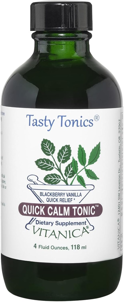 Vitanica Quick Calm Tonic - Stress Support - Urtetilskud med Lavendel, Valerian Root, Kava Root & Passionflower Herb - BlackBerry Vanilla - Pro Logo - 4 Fl Oz (118 ml)