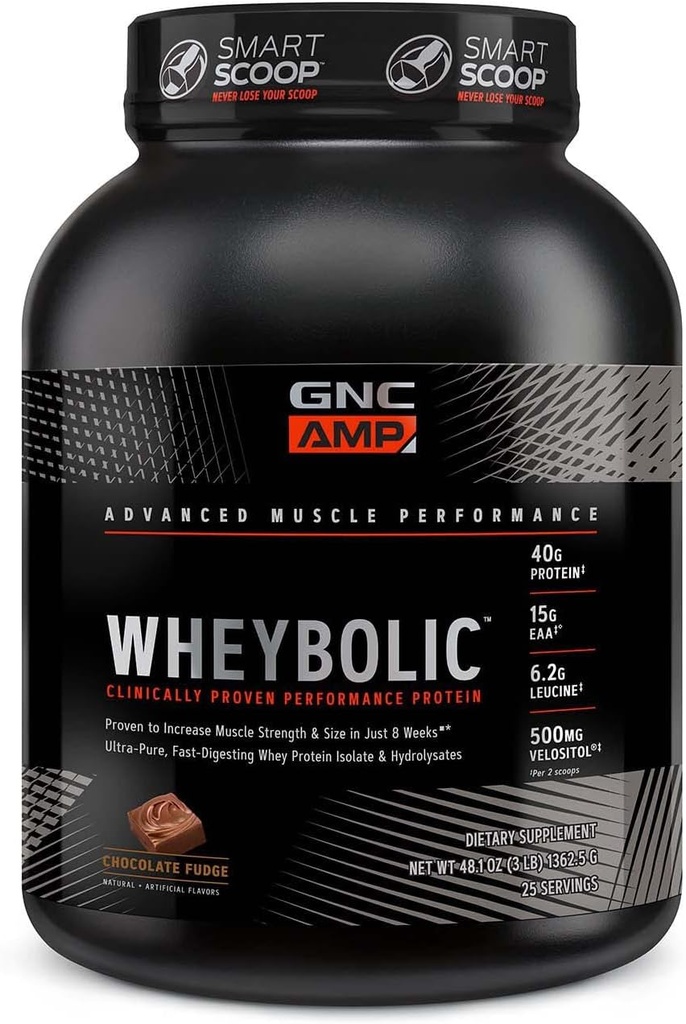 GNC AMP Wheybolsk Klinisk Proven Protein Powder, 40g Whey Protein, BCAA, Leucin, Øger muskelstyrke, Muscle Building, 3. part testet, Gluten Free, Chokolade Fudge, 25 Servere