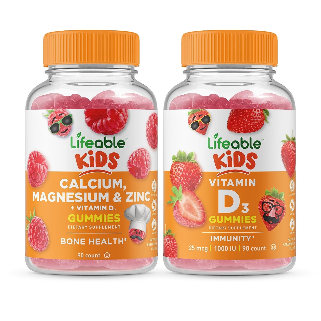 Lifeable Calcium Magnesium & Zink Kids + D-vitamin Kids, Gummies Bundle - Great Tasting, Vitamin Supplement, Gluten Free, GMO Free, Chewable Gummy
