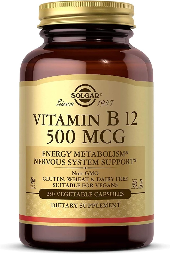 Solgar Vitamin B12 500 mcg, 250 Vegetabilske kapsler - Energi Metabolisme - Nervesystemet støtte - fremmer hjertesundhed - non-GMO, Vegan, Gluten Free, Dairy Free, Kosher, Halal - 250 Servere