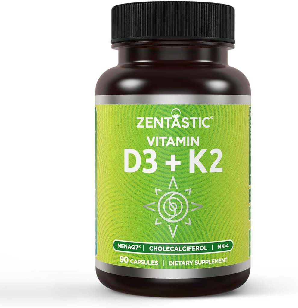 Zentastisk vitamin D3 K2, 5000IE & 200mcg, vitamin D & Patenteret MK7 & MK4 for 3- in-1 Complex Support - Vegetar, Non- GMO, 90 Caps