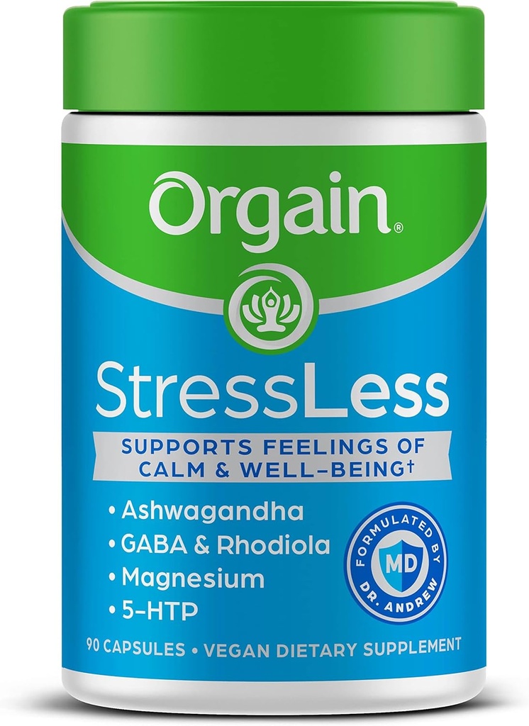 Orgain Stressless, Vegansk Stress Relief Supplement - Blend af Magnesium, Lemon Balm, GABA, 5 HTP, Rhodiola Rosea, Ashwagandha og Kamille, Gluten Free, Doctor Formulated - 90 Greve, 30 Day Supply