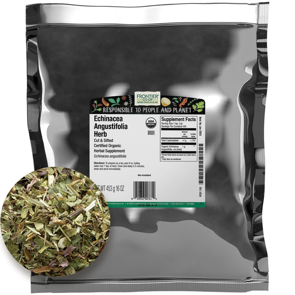 Frontier Co- op Organic Echinacea Angustifolia Herb, 1lb Bulk Bag - Klippet og Sigtet, Tørret - Ideel til Echinacea Root Tea og Urte Uses, Kosher