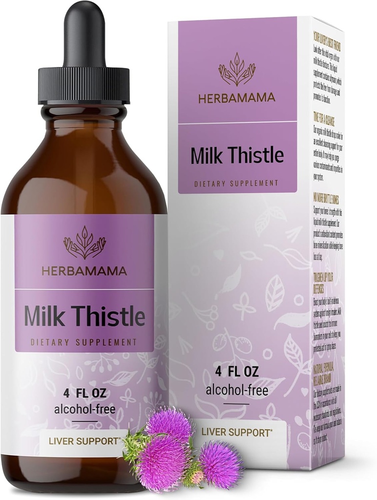 HERBAMAMA Milk Thistle Supplement - Vegansk leverstøtte med mælk Thistle Extract Tinktur - Non-GMO, Alkohol & Sugar- Free Liquid Silymarin Lever Detox Drops, 56- Day Supply