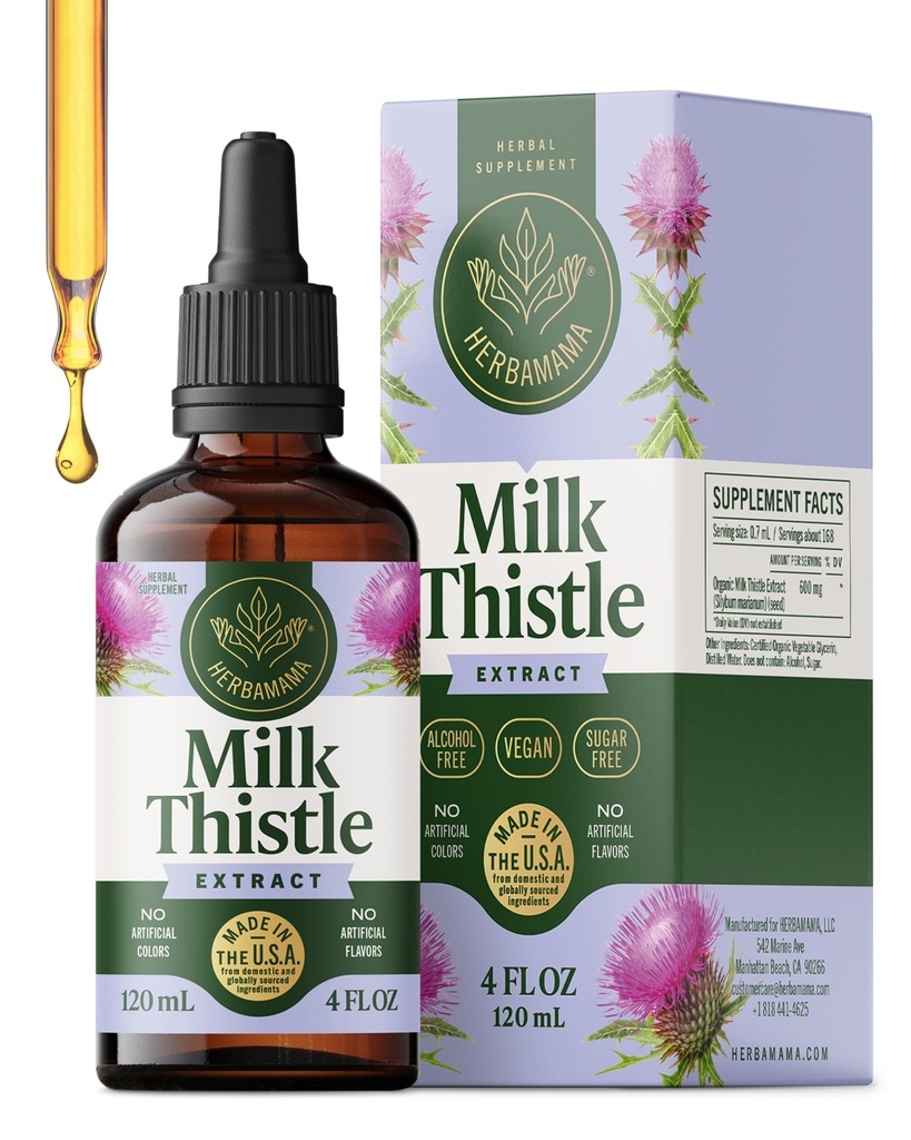 HERBAMAMA Milk Thistle Supplement - Vegansk leverstøtte med mælk Thistle Extract Tinktur - Non-GMO, Alkohol & Sugar- Free Liquid Silymarin Lever Detox Drops, 56- Day Supply