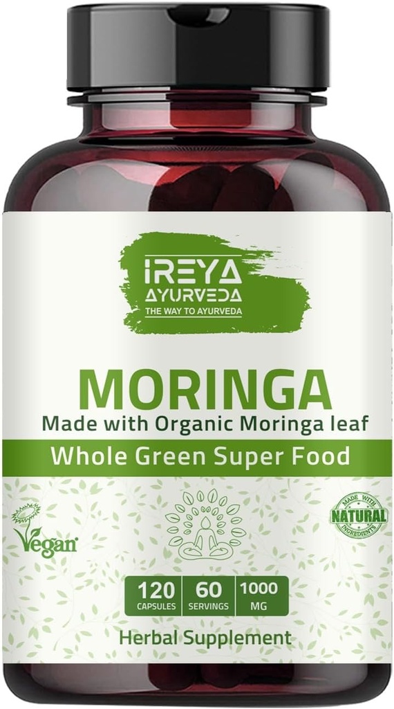 Moringa Capsule 1000 mg (120 Capsules), Moringa Powder Capsules Made from Organic Moringa Leaf Powder | Non-GMO Whole Green Super Food Nutrition 60 Days Supply