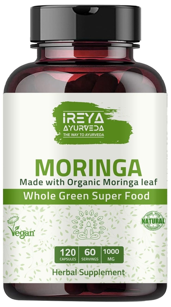 Moringa Capsule 1000 mg (120 kapsler), Moringa Powder Kapsler Lavet af Organic Moringa Leaf Powder