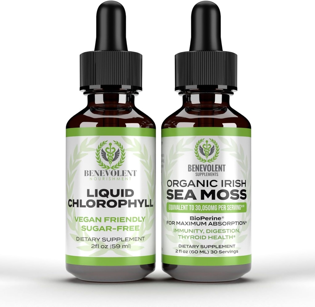 Benevolent Chlorophyll Liquid Drops + Irish Sea Moss Drops 2oz, 4 Month Supply Liquid Chlorophyll Supplement for intern deodorizer & Radiant Skin