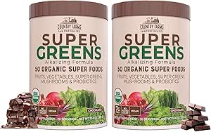 LAND FARMS Super Green Chokolade Flavor, 50 Organic Super Foods, USDA Organic Drink Mix, Frugter, Grønsager, Super Green, Svampe & Probiotika, Understøtter Energi, 40 Servering, 10.6 Oz, 2 Pack