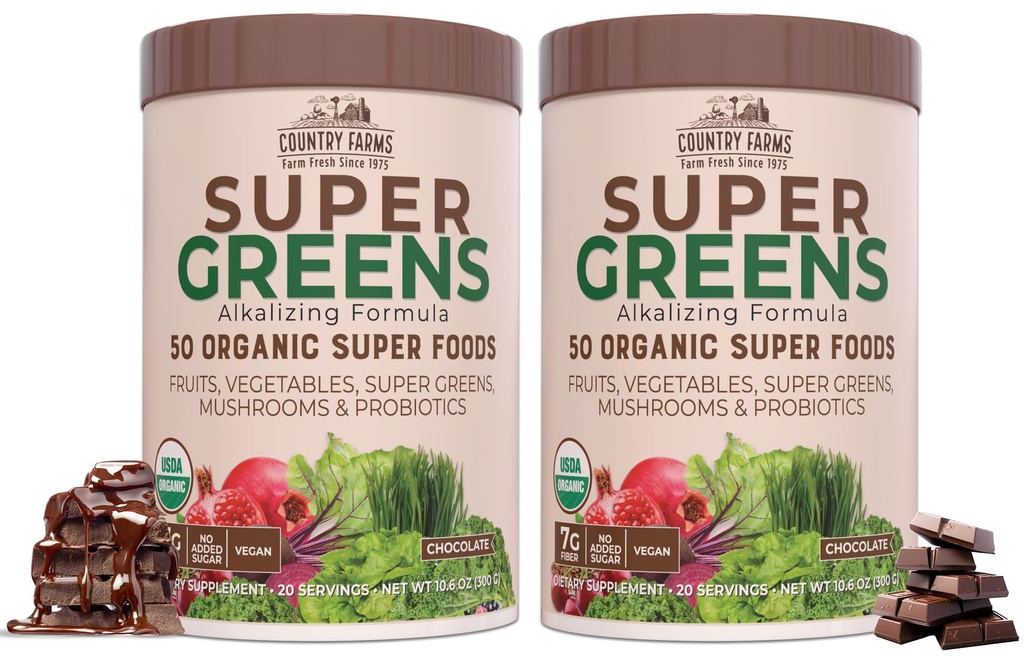 LAND FARMS Super Green Chokolade Flavor, 50 Organic Super Foods, USDA Organic Drink Mix, Frugter, Grønsager, Super Green, Svampe & Probiotika, Understøtter Energi, 40 Servering, 10.6 Oz, 2 Pack