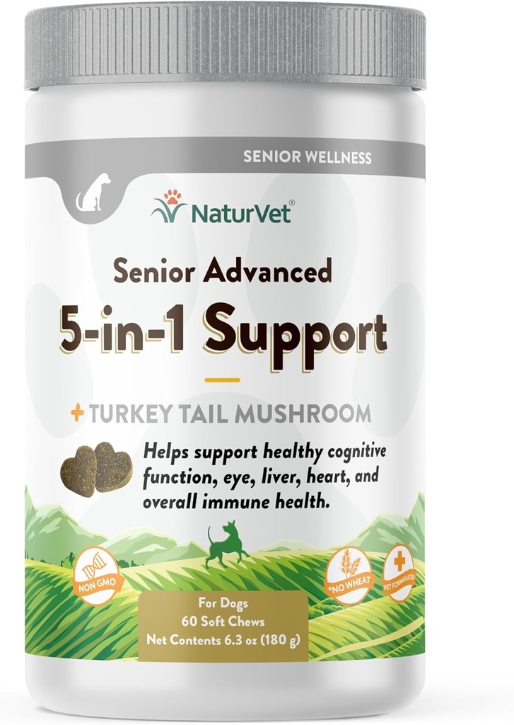 NaturVet Senior Advanced 5- in-1 Support Dog Supplement - Hjælper support immunsystem, hjerte, lever, kognitiv funktion, Eye Health - Inkluderer Ginkgo Biloba, Lutein - 60 Ct.