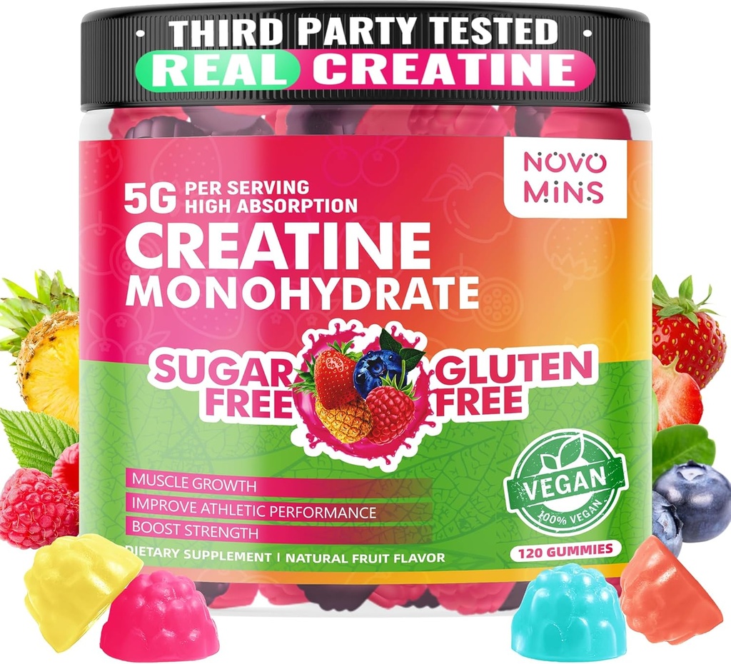 novominer Creatine monohydrat Gummies 5000mg til mænd og kvinder, tyggebånd Creatine monohydrat til muskel styrke, muskel builder, energi boost, præ-workout supplement (120 Tæl)