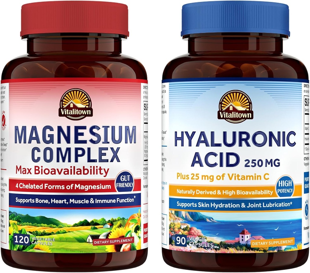 Vitalitown Magnesium + Hyaluronsyre Bundle Shape 124; Magnesium Complex (punkt 1) & Hyaluronsyre Plus vitamin C (punkt 2)