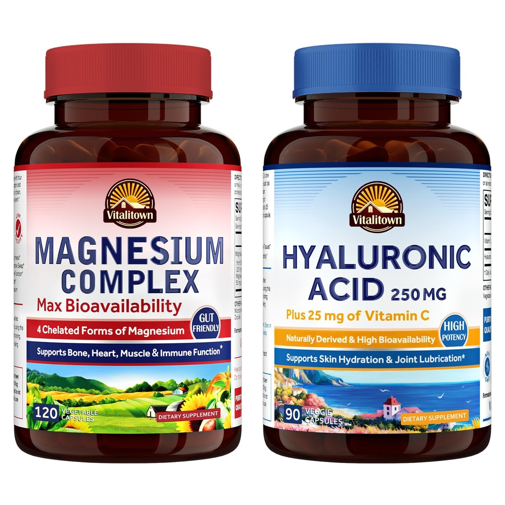 Vitalitown Magnesium + Hyaluronsyre Bundle Shape 124; Magnesium Complex (punkt 1) & Hyaluronsyre Plus vitamin C (punkt 2)