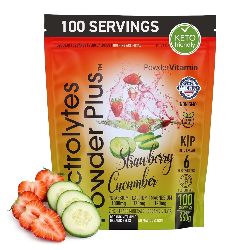 PowderVitamin Electrolytes Powder Plus (100 Servere) Strawberry Cuckumber Electrolyte Powder Zero Calorie Keto, 0Sugar, No Maltodextrin, 1000mg Kalium, 120mg Calcium, 120mg Magnesium, Hydrationspulver