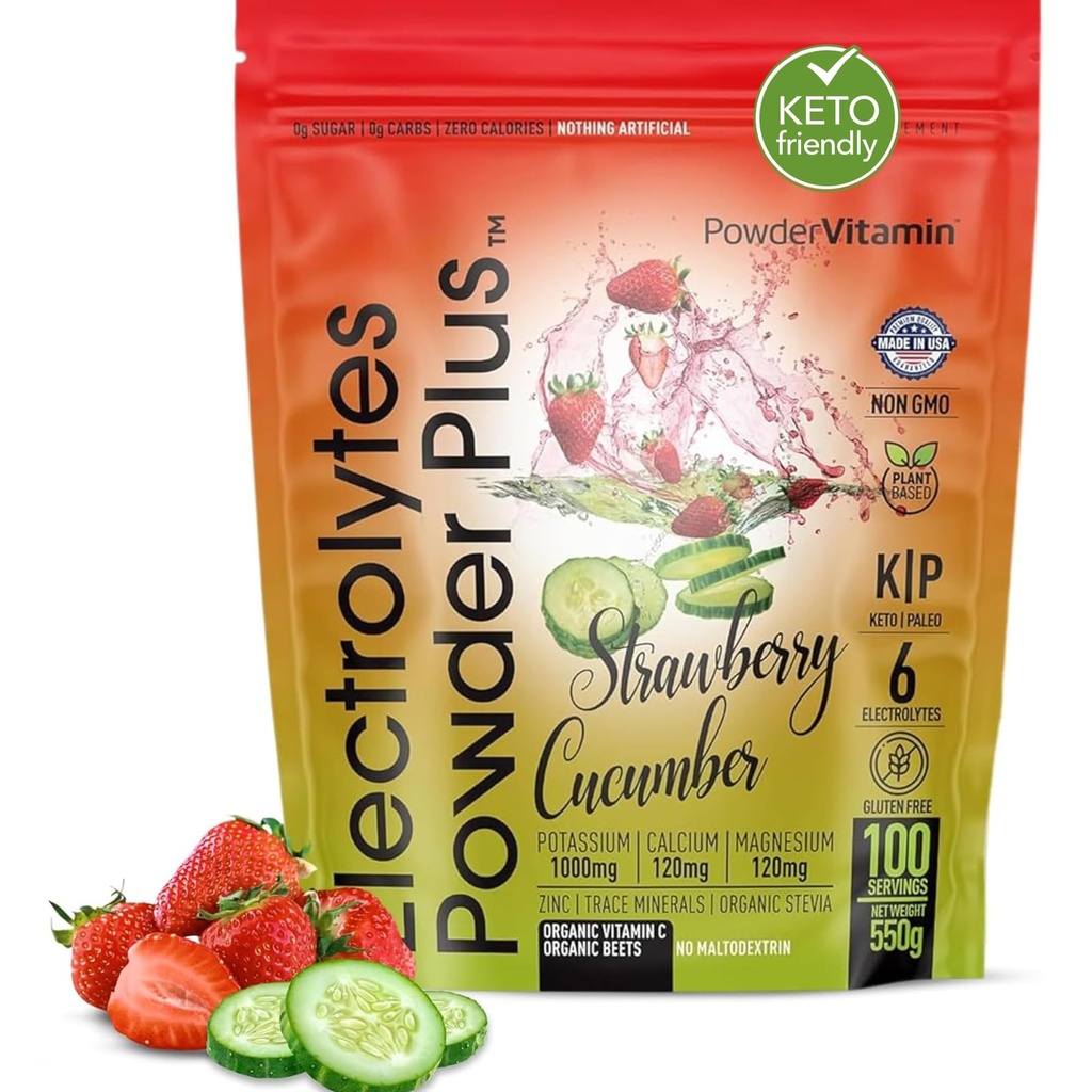 PowderVitamin Electrolytes Powder Plus (100 Servere) Strawberry Cuckumber Electrolyte Powder Zero Calorie Keto, 0Sugar, No Maltodextrin, 1000mg Kalium, 120mg Calcium, 120mg Magnesium, Hydrationspulver
