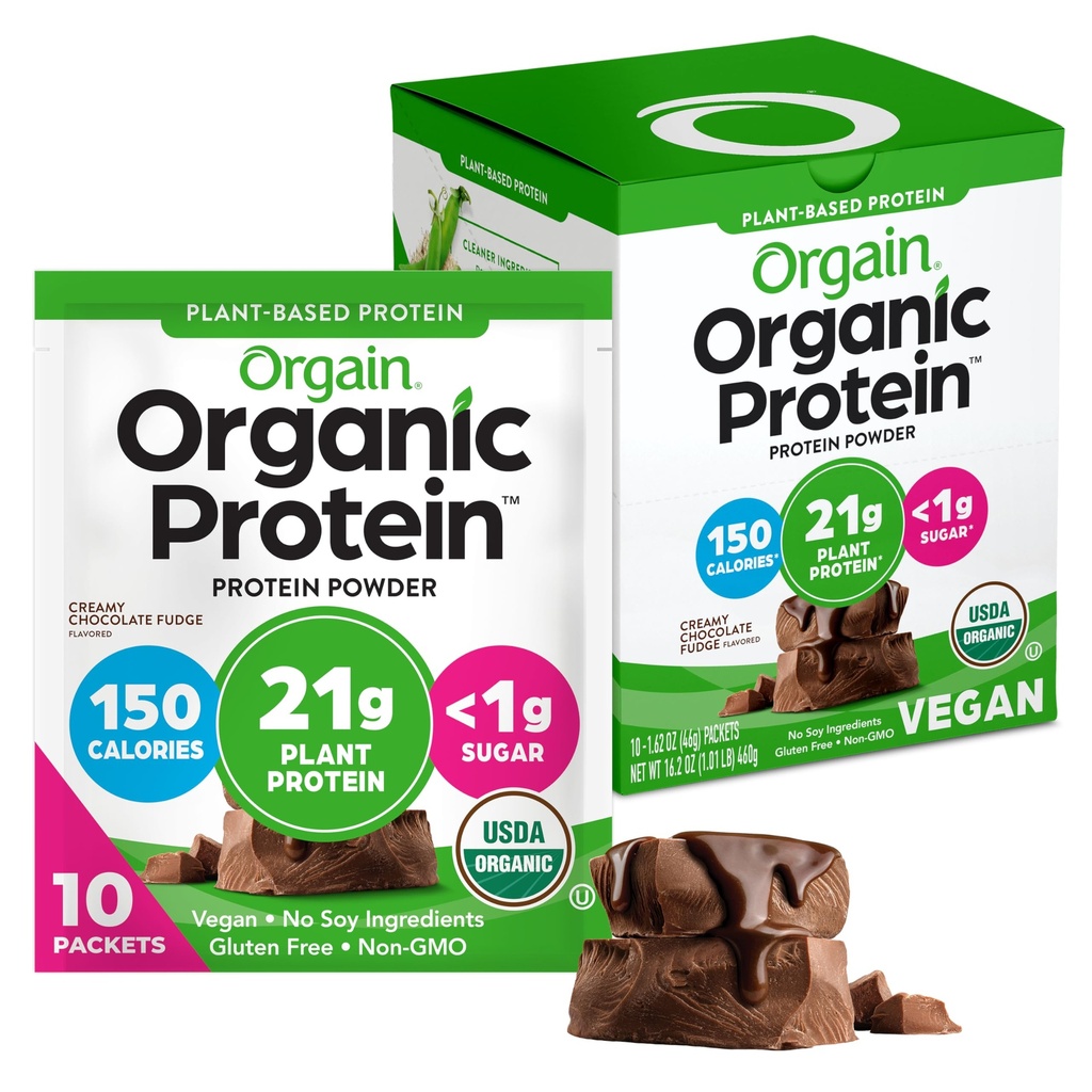 Orgain Organic Vegan Protein Powder, Creamy Chocolate Fudge - 21g Plant Protein, 6g Prebiotic Fiber, Lav Carb, Ingen laktoseingredienser, Ingen tilsat sukker, Non- GMO, For Shakes & Smoothies, 10 Rejsepakker