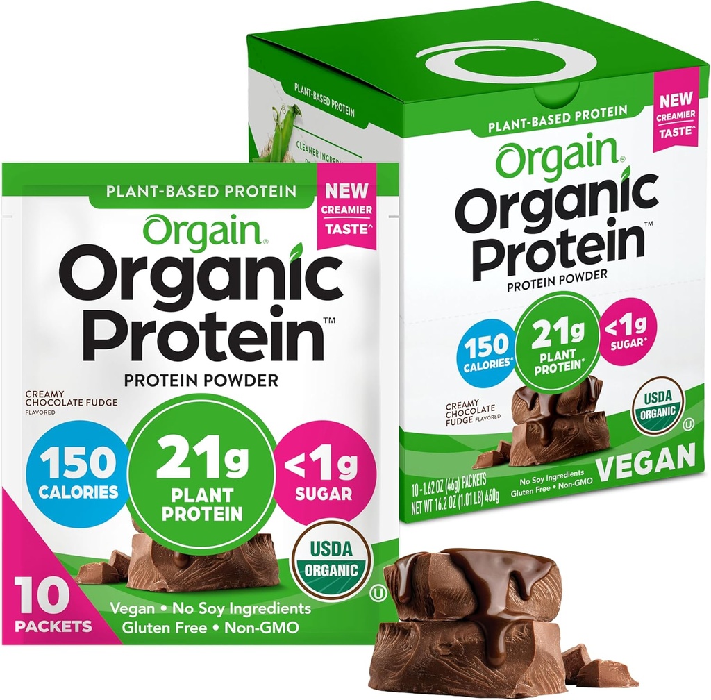 Orgain Organic Vegan Protein Powder, Creamy Chocolate Fudge - 21g Plant Protein, 6g Prebiotic Fiber, Lav Carb, Ingen laktoseingredienser, Ingen tilsat sukker, Non- GMO, For Shakes & Smoothies, 10 Rejsepakker