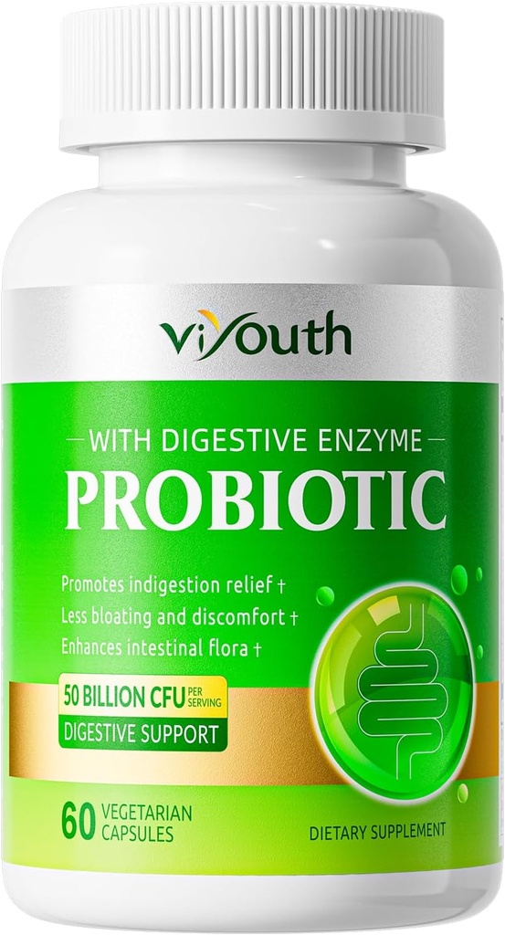 Probiotika til kvinder & mænd - Probiotiske 50 Millioner CFU 18 Spændinger & 5 fordøjelsesenzymer til Gut Health, Immun- Probiotika kapsler understøtter gas & bloating, Natural, Non- GMO, Gluten Free, 60ct