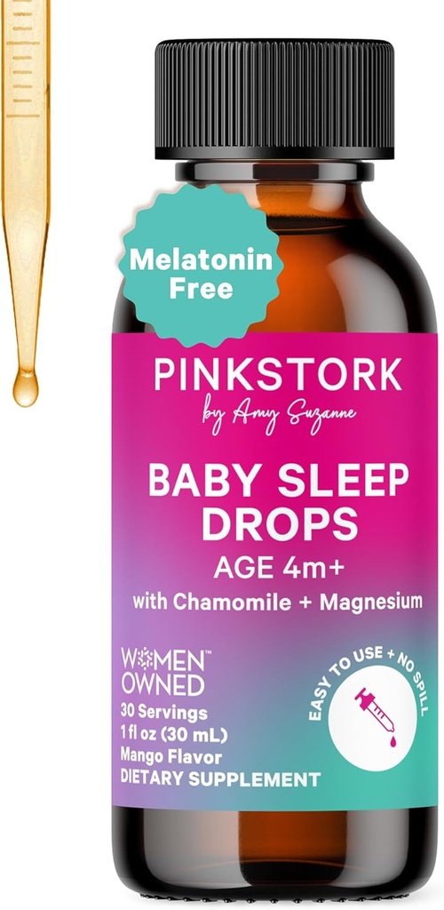 Pink Stork Baby Sleep Drops, naturligvis Support Sleep uden Melatonin for spædbørn, Toddlers, og børn, Aid Sleep med Kamille og Magnesium, Baby Essentials for Bedtime, 1 oz, 30 Servering