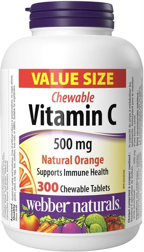 Webber Naturals C-vitamin, 300 tyggetabletter, 500 mg C-vitamin pr. tablet, knogler, tænder, immunforsvar og antioxidant