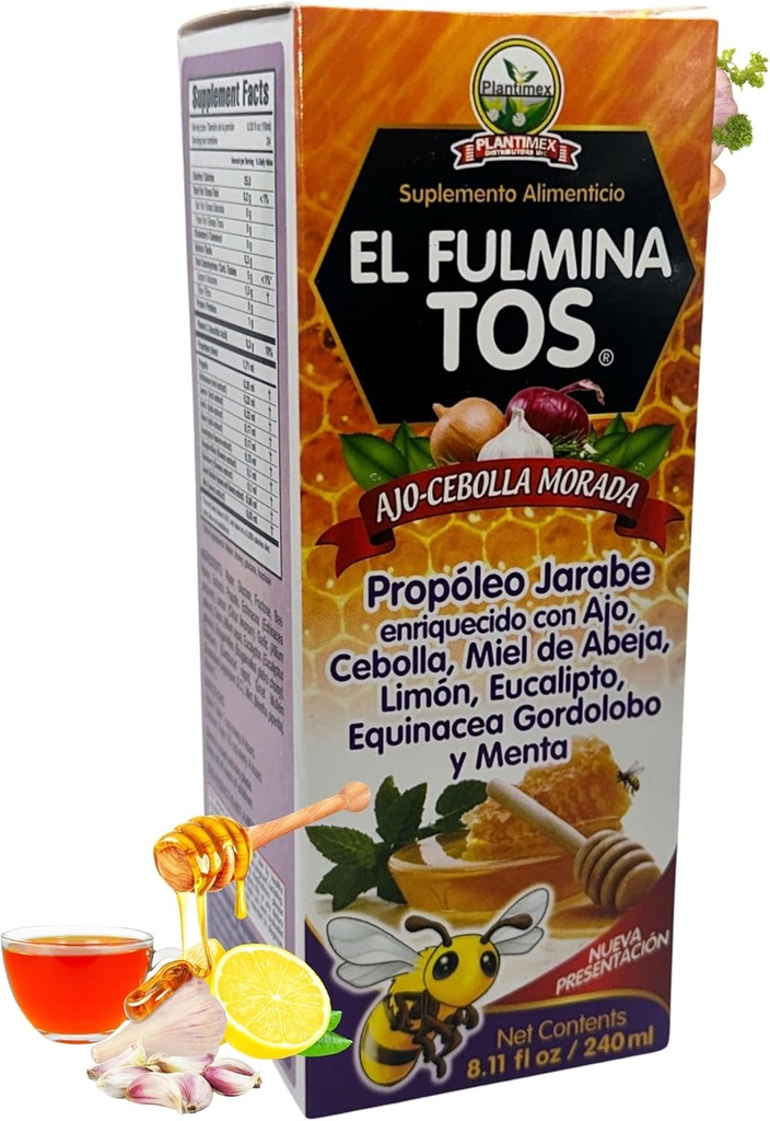 EL FULMINA TOS Propoleo + AJO + CEBOLLA + Miel + Limon + Eucalipto + Equinacea + Gordolobo & Menta (Propolis Syrup W / hvidløg og løg) 8.11 fl oz Nutritional Supplement Cough Syrup FULMINA TOS