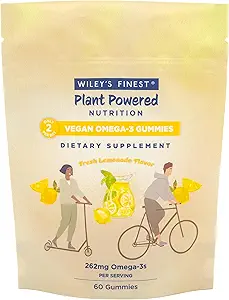 Wiley 's Finest Vegan Omega-3 Gummies - Natural Sugar - Vegetarisk Dha, Ala & Sda - Gluten Free - Lemon Flavor, 60 Gummies