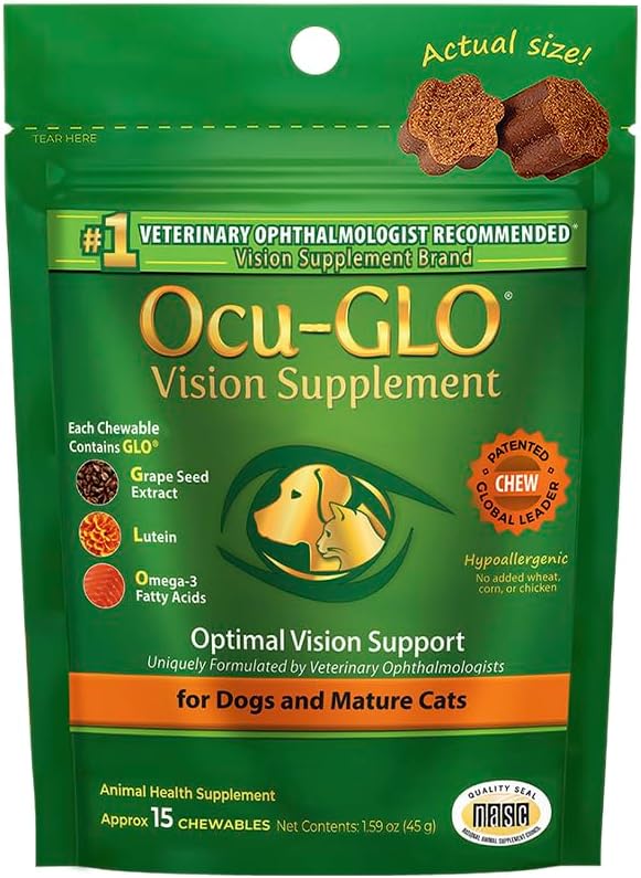 Ocu- GLO Cat & Dog Senior Supplement for Eye Support - Chewable Vision Vitamin Kosttilskud til store og små kæledyr pleje med Lutein, Omega-3 fedtsyrer, Grape Seed Extract & Antioxidants