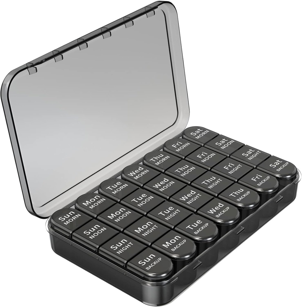 Daviky Weekly Pill Organizer 4 gange om dagen, Stor kapacitet 7 Day Pill Box, Daglig Medicin Organizer til rejser med 28 Segment til at holde Medicin, Vitamin og tillæg (sort)