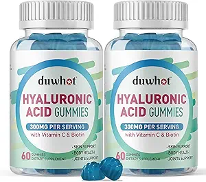 Hyaluronic Acid Gummies, Hyaluronic Acid Supplements with Vitamin C & Biotin 5000mcg for Skin, Hair, Nails Health, Joints Supplements for Women & Men, Low Sugar, Vegan, Non-GMO, 60 Counts