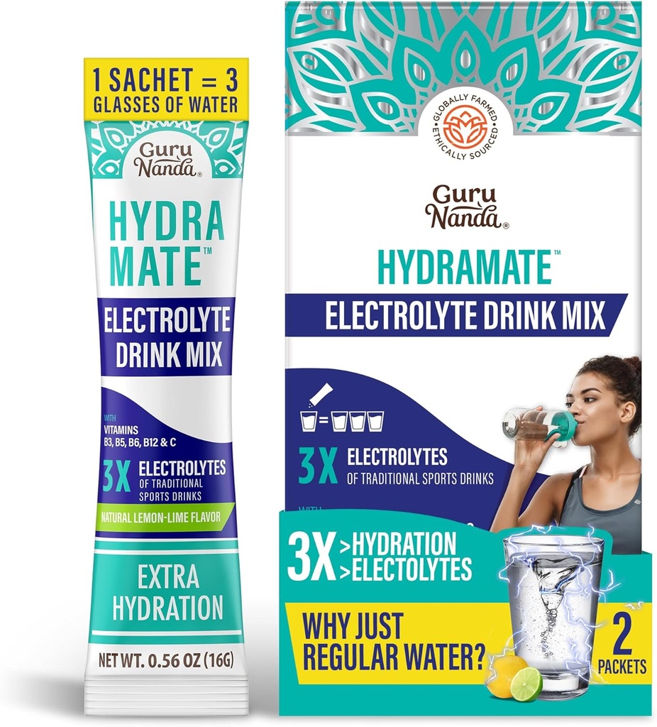 GuruNanda Hydramate Hydration Support Drink Mix - Electrolyte Powder Packets for Dehydration, Motion & Energy - Ingen tilsat sødestoffer, non-GMO, Natural Lemon Lime Flavor - 2 Greve (0,56 oz Hver)