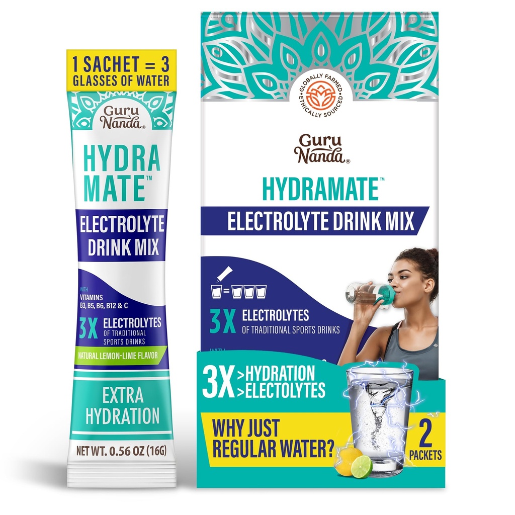 GuruNanda Hydramate Hydration Support Drink Mix - Electrolyte Powder Packets for Dehydration, Motion & Energy - Ingen tilsat sødestoffer, non-GMO, Natural Lemon Lime Flavor - 2 Greve (0,56 oz Hver)