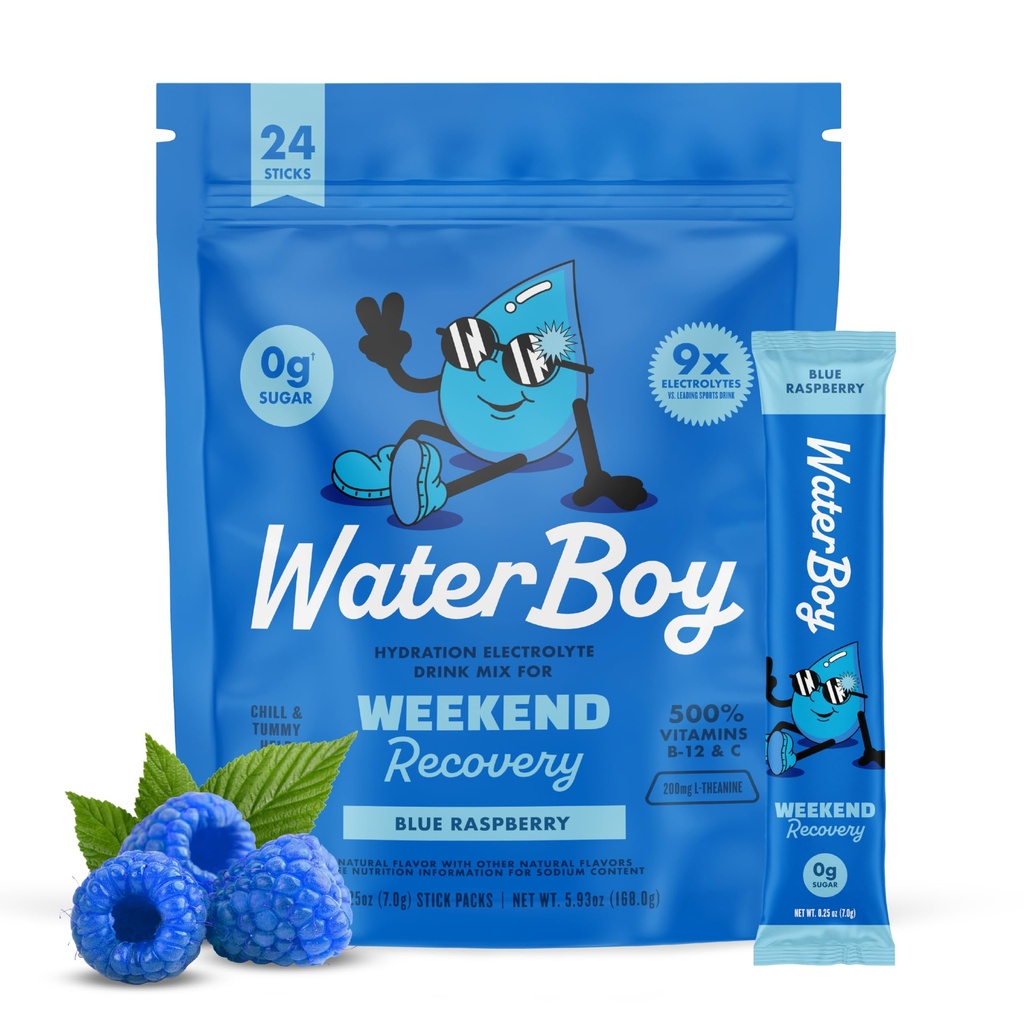 Waterboy Weekend Recovery • 124; 3,200mg Electrolyte Powder Packets • 124; Ginger + L- Theanine + Vitamin • 124; Ingen sukker, alle naturlige, Gluten Free • 124; 24 Drink Stick mix (Blå Hindbær)
