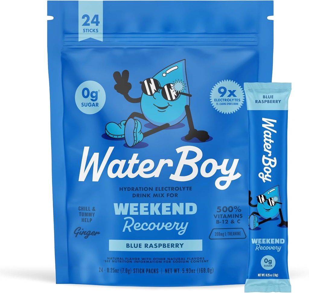 Waterboy Weekend Recovery • 124; 3,200mg Electrolyte Powder Packets • 124; Ginger + L- Theanine + Vitamin • 124; Ingen sukker, alle naturlige, Gluten Free • 124; 24 Drink Stick mix (Blå Hindbær)
