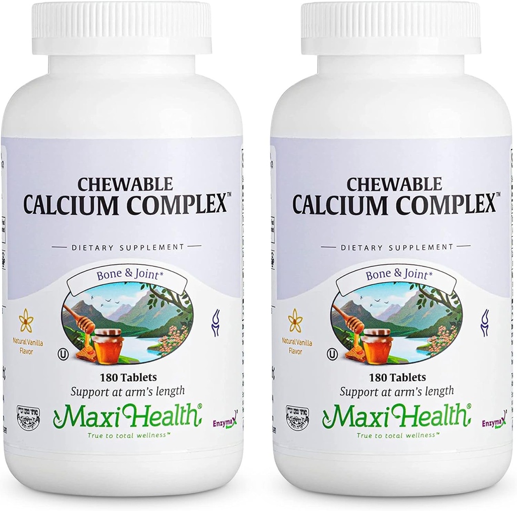 Maxi Health Chewable Calcium Complex - Vanilla Flavor Vitamin D3 og Magnesium Chewables til at hjælpe med at understøtte knoglerne - Kosher Magnesium og Calcium supplement til kvinder og mænd (180 Greve, pakke med 2)
