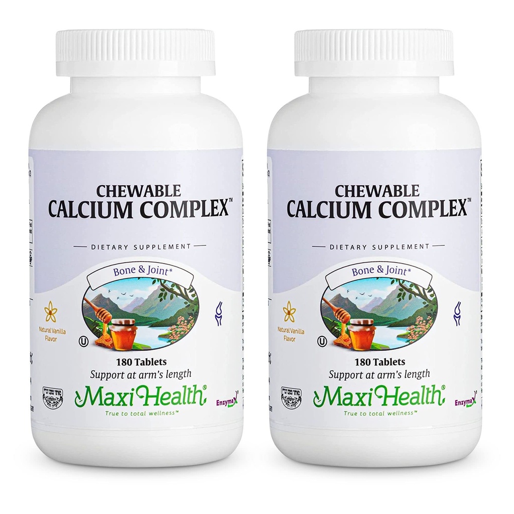 Maxi Health Chewable Calcium Complex - Vanilla Flavor Vitamin D3 og Magnesium Chewables til at hjælpe med at understøtte knoglerne - Kosher Magnesium og Calcium supplement til kvinder og mænd (180 Greve, pakke med 2)