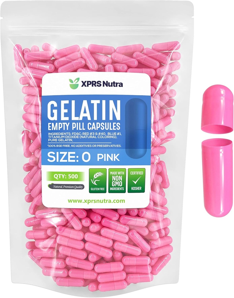XPRS Nutra Størrelse 0 Tomme kapsler - 500 Tomme Gelatine kapsler - Piller til det selv Capsule Fyldning - Pure Bovine Pille Gel Caps til Do- It- Yourself Kosttilskud (Pink)