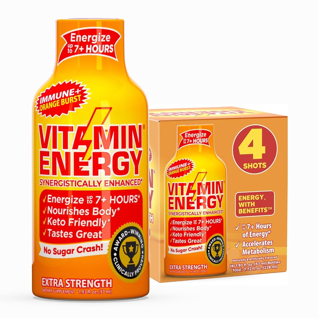 Vitamin Energi Immun + ekstra styrke Energi Shot - Orange Burst - 100% DV B- Vitaminer & 260mg Koffein - Zero Kalorier, Sugar- Free, Vegan, - Immunity & Energy Support - 1,93 fl oz, 4 -Pack