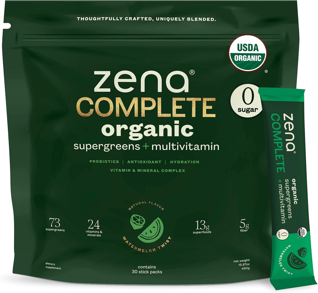 Zena Complete Organic Super Green Powder & Multivitamin, 90 + Supergreens, Frugter, Veggies, 0 Sukker, 5G Fiber, Pre & Probiotika, Watermelon Citrus Flavor, 30 Pakker