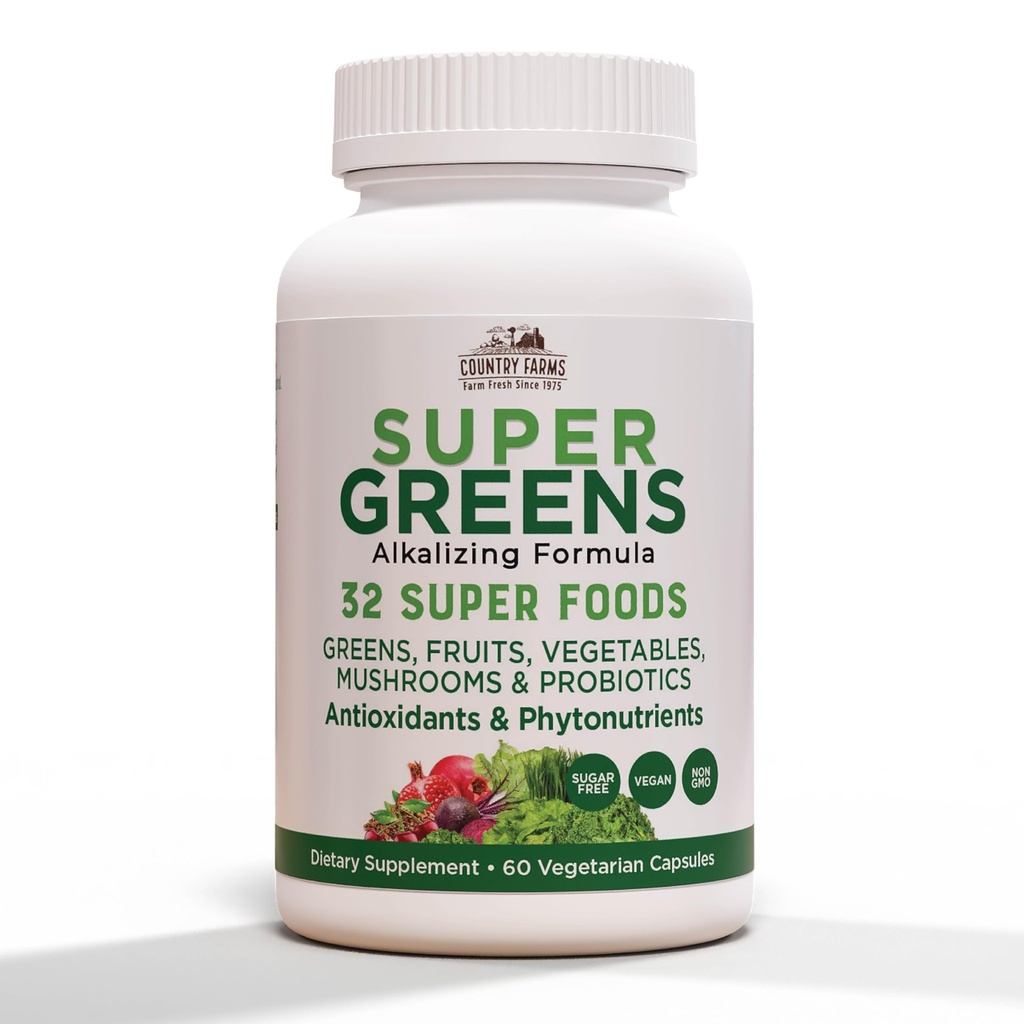 LAND FARMS Super Green Vegicaps, 32 Super Foods, Hele fødevarer supplement, Grønne, Frugt, Grøntsager, Svampe & Probiotika, Rig i antioxidanter & Phytonutrients, 120 Greve, 60 Tjenester