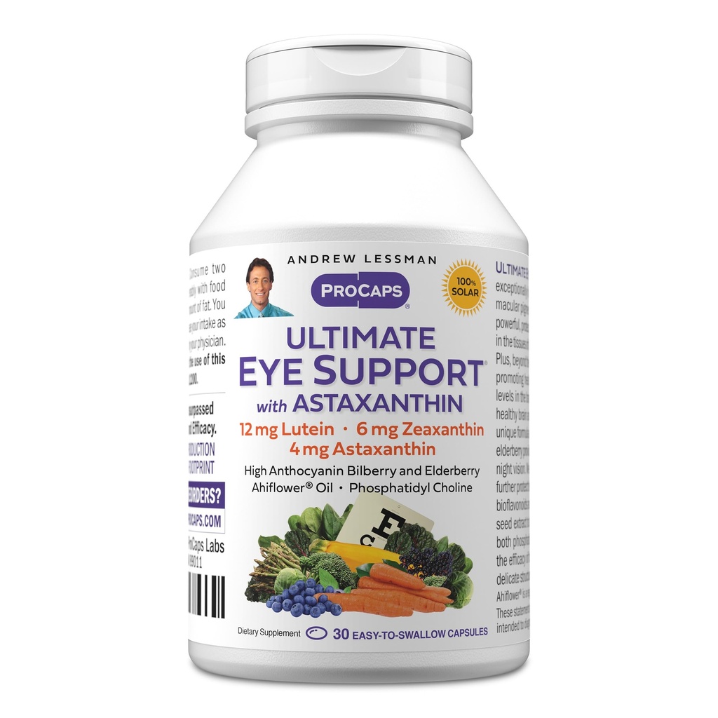 ANDREW LSSMAN Ultimate Eye Support med Astaxanthin 30 Softgels - 12mg Lutein, 6mg Zeaxanthin, 4mg Astaxanthin, Bilberry. Vigtige næringsstoffer til støtte øje sundhed, fremme sund vision. Ingen tilsætningsstoffer