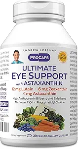 ANDREW LSSMAN Ultimate Eye Support med Astaxanthin 30 Softgels - 12mg Lutein, 6mg Zeaxanthin, 4mg Astaxanthin, Bilberry. Vigtige næringsstoffer til støtte øje sundhed, fremme sund vision. Ingen tilsætningsstoffer