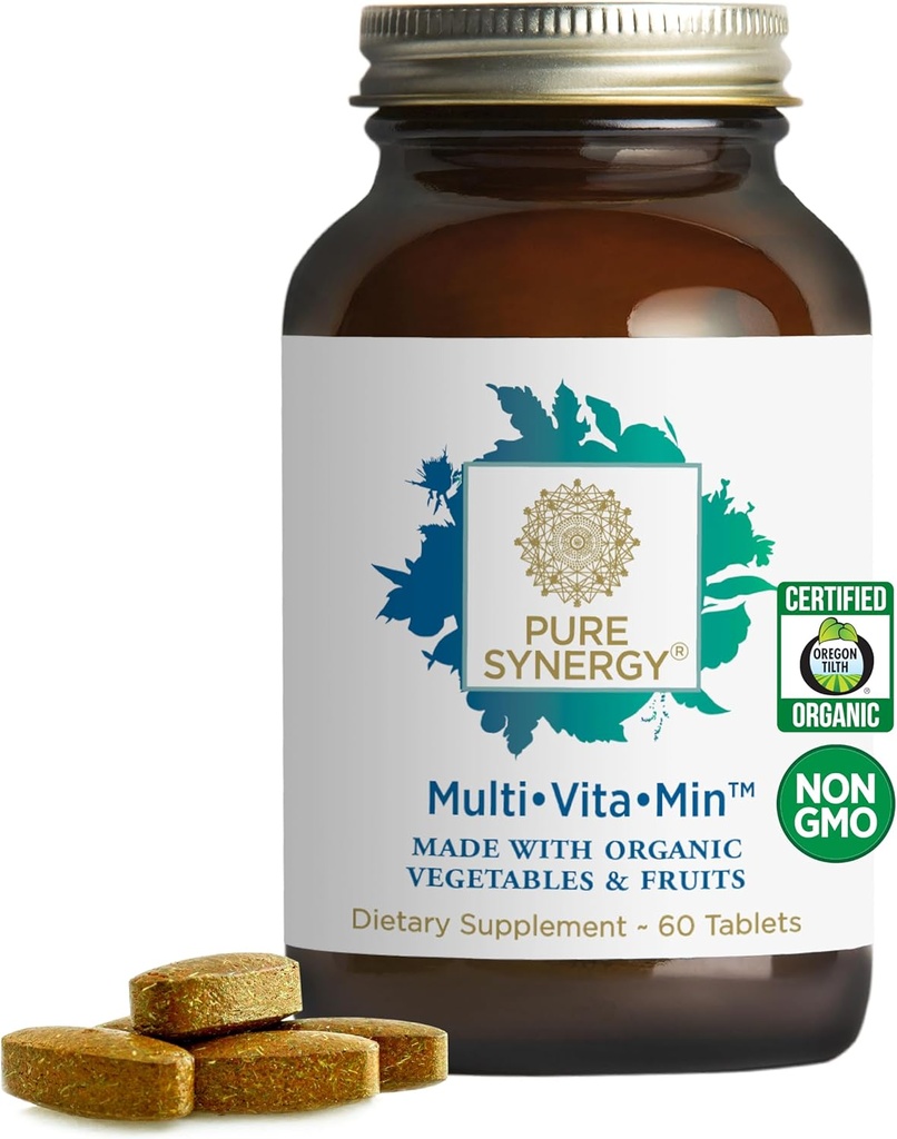 PURE SYNERGY Multi · Vita · Min • 124; Vegansk Multivitamin Made with Organic Whole Foods • 124; To gange dagligt supplement til mænd og kvinder • 124; Kernenæringsstoffer til energi, mad, immunforsvar og ben sundhed (60 tabletter)