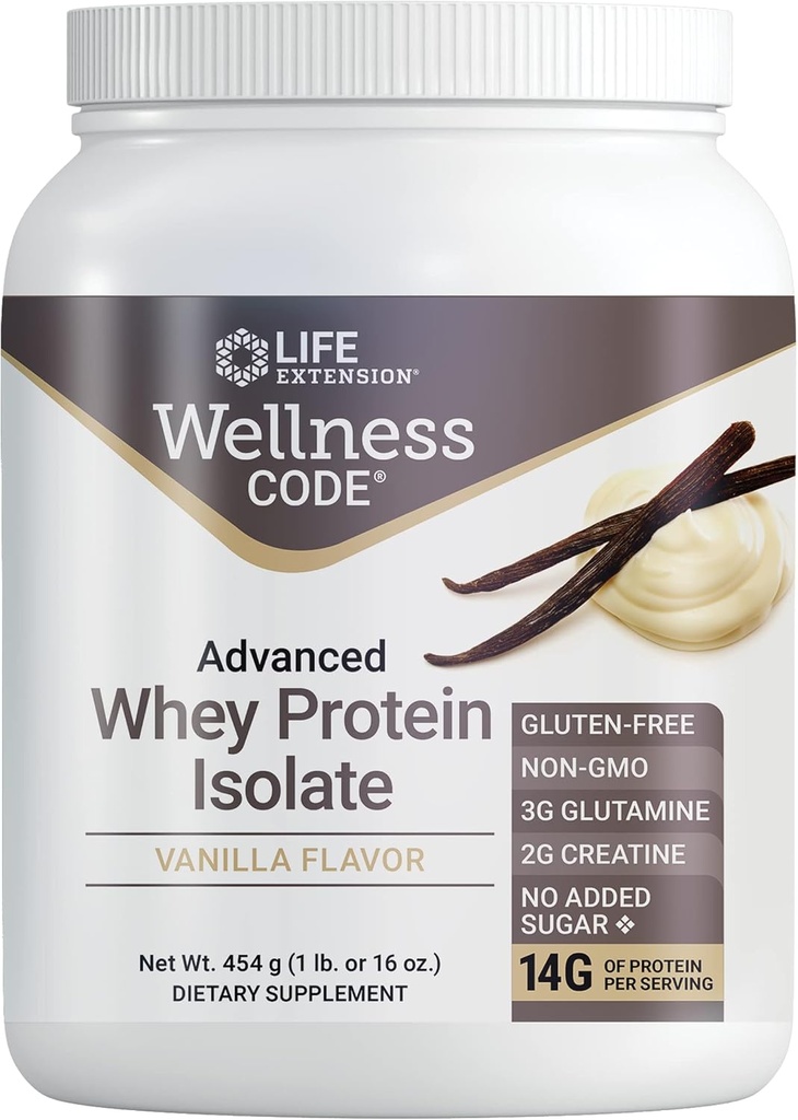 Life Extension Wellness Code Advanced Whey Protein Isolate - Vanilla Flavor -Protein Shake Mix pulver til muskel vækst & immunforsvar - Gluten fri, ikke-GMO, sukker fri - 454g - 20 Servere