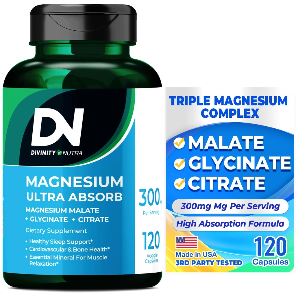Divinity Nutra Triple Magnesium Complex Supplement, 300mg Magnesium Glycinat, Malat & Citrat for Muscles, Nerves, & Energy, High Absorption, 120 Vegankapsler Non- GMO USA Fremstillet