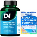 Divinity Nutra Triple Magnesium Complex Supplement, 300mg Magnesium Glycinat, Malat & Citrat for Muscles, Nerves, & Energy, High Absorption, 120 Vegankapsler Non- GMO USA Fremstillet