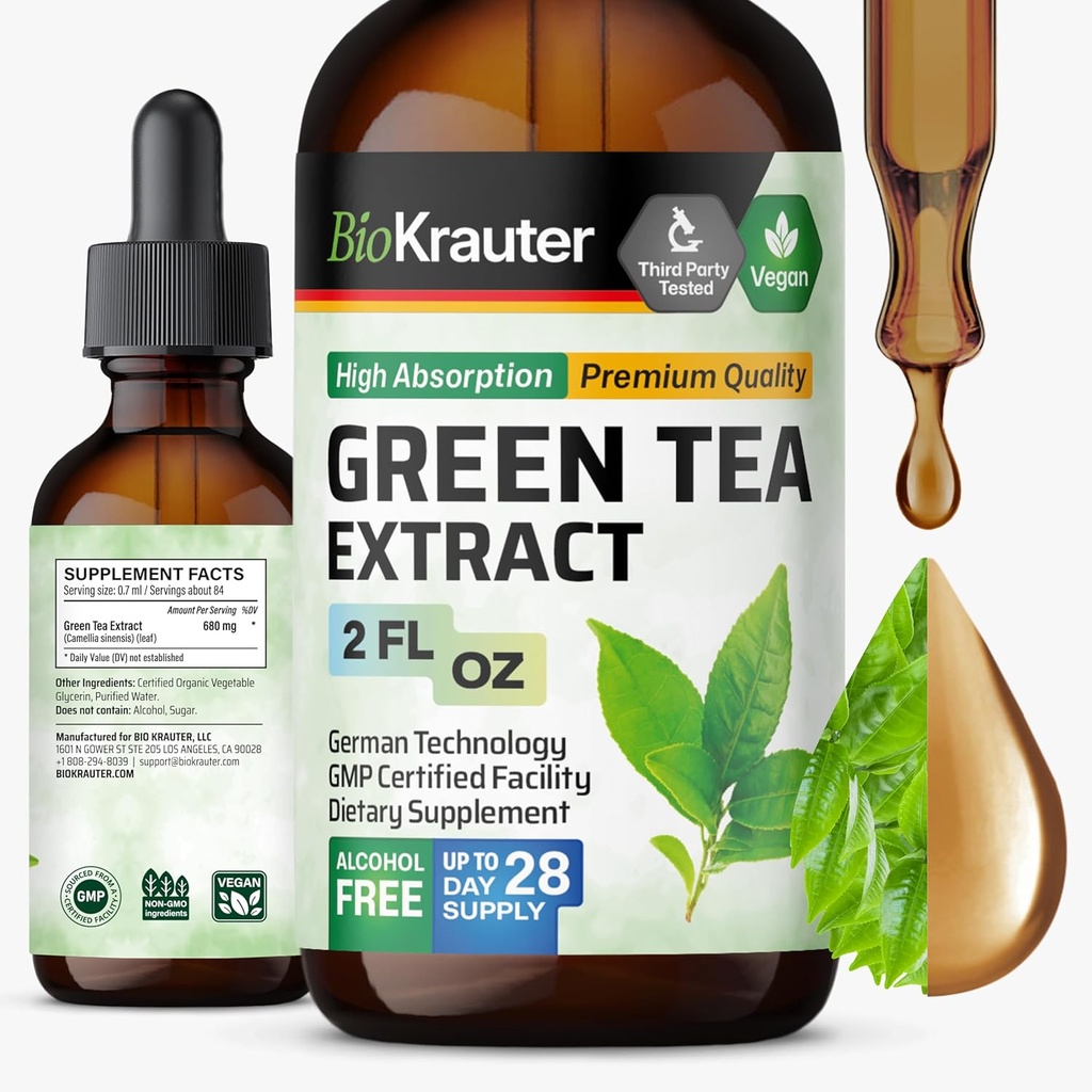 BIO KRAUTER Green Tea Extract Liquid Drops - Green Tea Supplements - Antioxidant Kilde - Alkohol og sukker fri - 2 Fl.Oz.