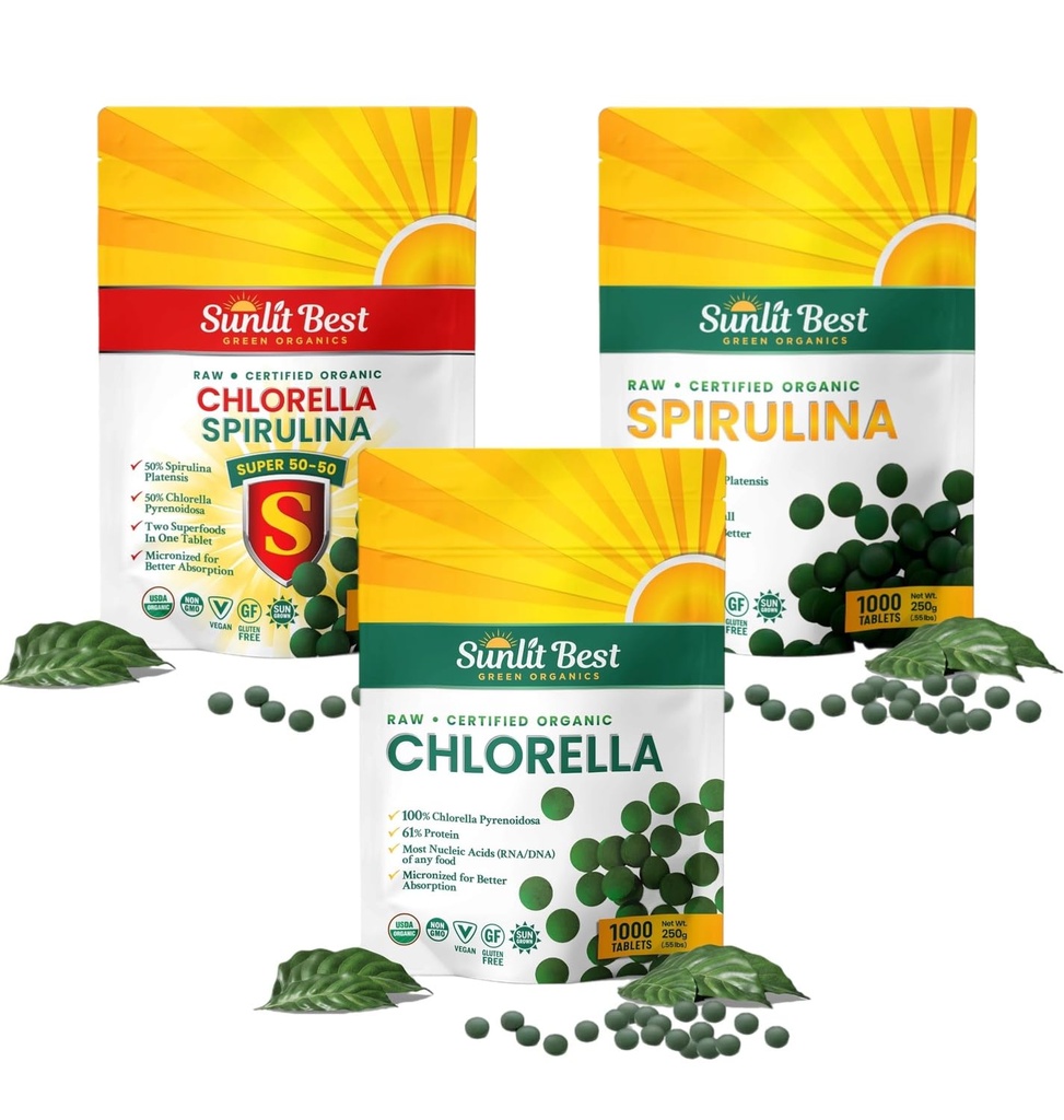 Sunlit Bedste Ultimate Chlorella & Spirulina Bundle Buddy 124; Super Green Kosttilskud til immunforsvar, Gut Health, Mood & Energy