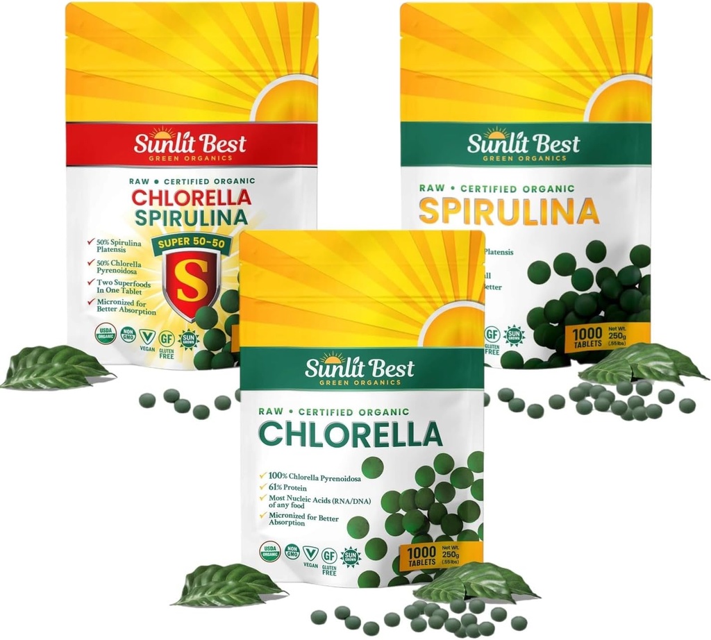 Sunlit Bedste Ultimate Chlorella & Spirulina Bundle Buddy 124; Super Green Kosttilskud til immunforsvar, Gut Health, Mood & Energy